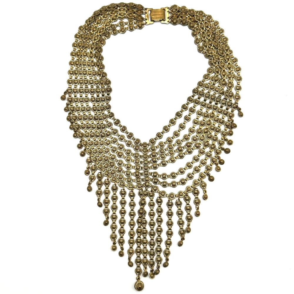 Jeray vintage 1940s Etruscan Revival gold tone runway swag bib fringe necklace